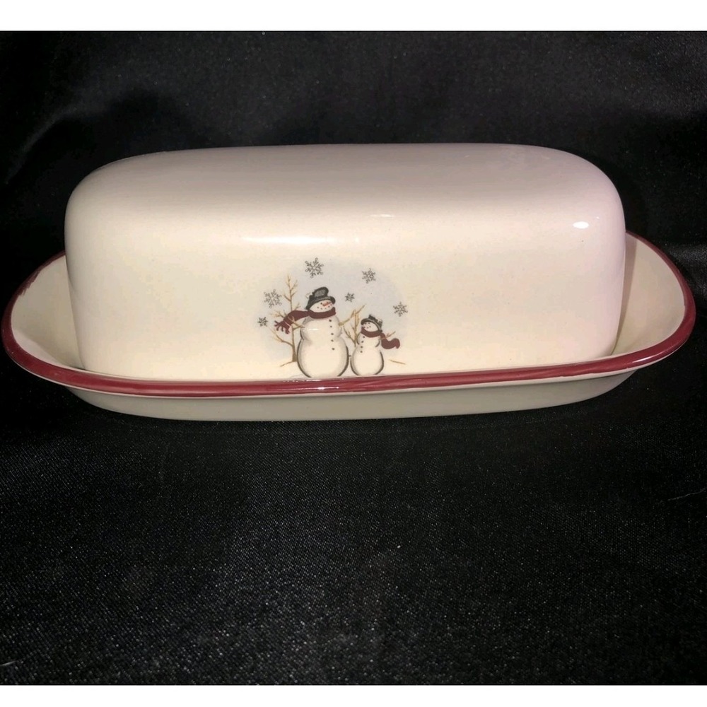 Snowman Family Ceramic Butter Dish with Lid Red Trim Winter Holiday Decor - Picture 3 of 11